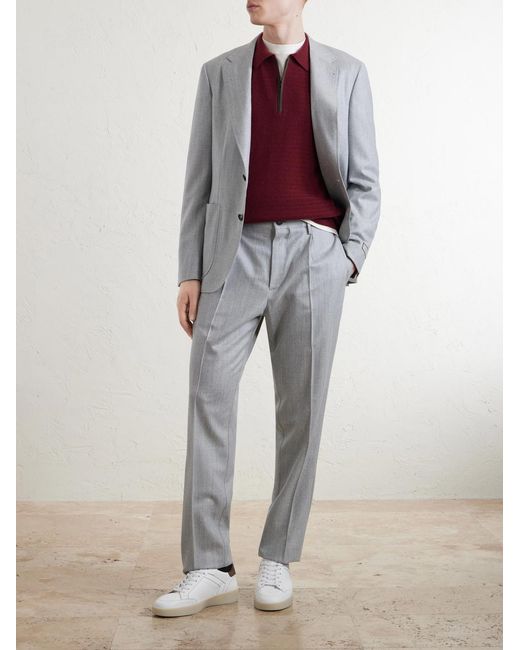 Canali Red Nubuck-Trimmed Wool And Cashmere-Blend Half-Zip Polo Sweater for men