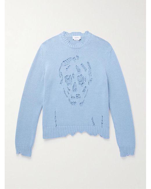 Distressed Cotton Sweater di McQueen in Blue da Uomo