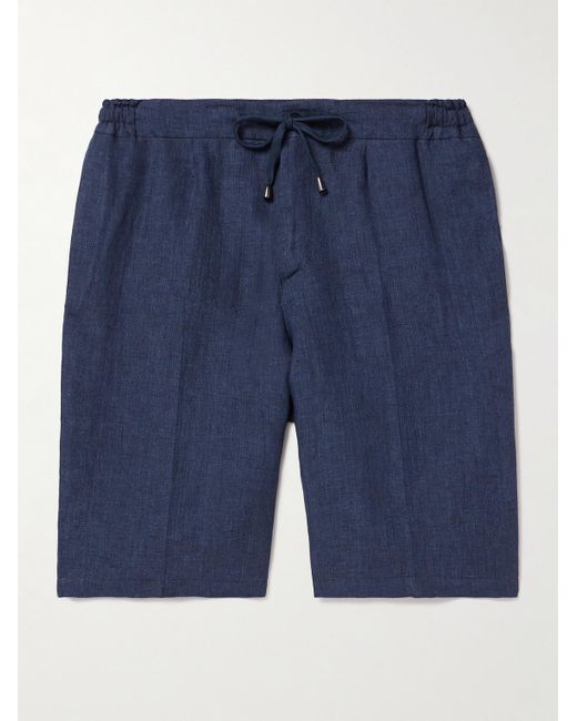 De Petrillo Blue Tapered Linen Drawstring Shorts for men