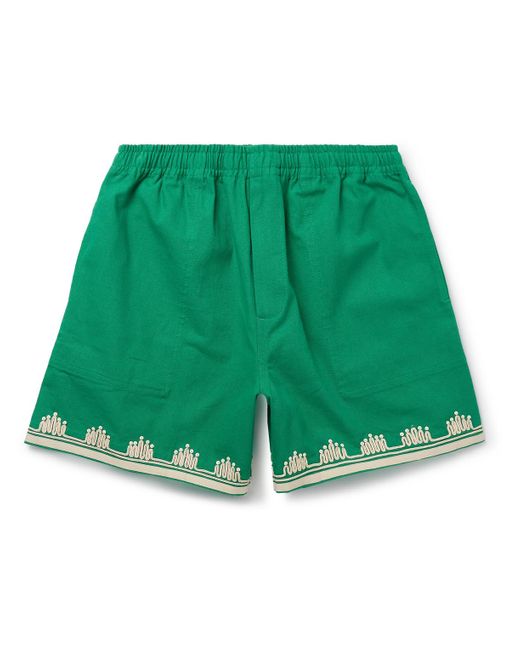 Bode Green Ripple Straight-leg Embellished Grosgrain-trimmed Cotton-canvas Shorts for men