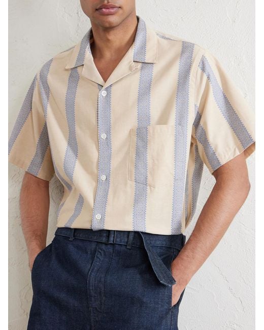 Portuguese Flannel Natural Lousada Camp-Collar Embroidered Striped Cotton Shirt for men