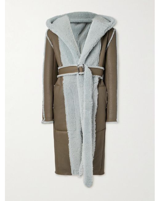 Rick Owens Gray Belted Shearling Hooded Coat for men
