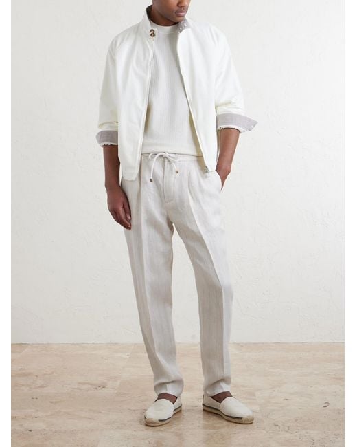Brunello Cucinelli White Straight-Leg Pinstriped Pleated Linen Trousers for men
