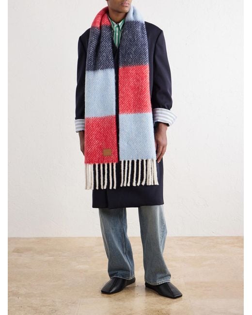 Loewe Red Fringed Striped Brushed Alpaca And Wool-Blend Scarf for men