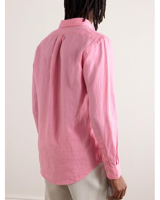 Camicia in lino con collo button-down e logo ricamato di Polo Ralph Lauren in Pink da Uomo