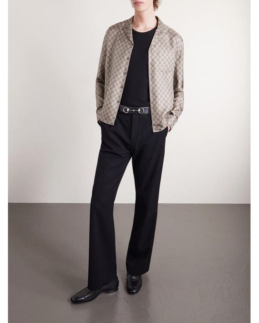 Gucci White Camp-Collar Logo-Jacquard Silk-Twill Shirt for men