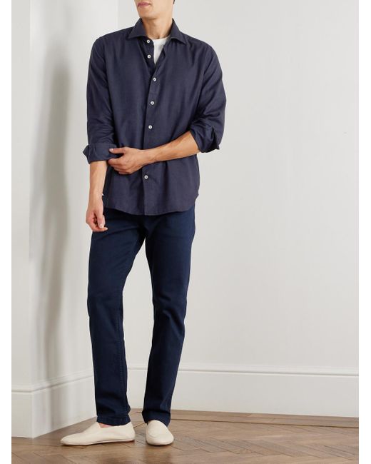 Eleventy Blue Slim-Fit Herringbone Cotton And Lyocell-Blend Shirt for men