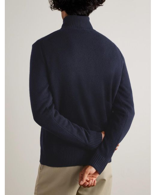 James Purdey & Sons Blue Leather-Trimmed Cashmere Half-Zip Sweater for men