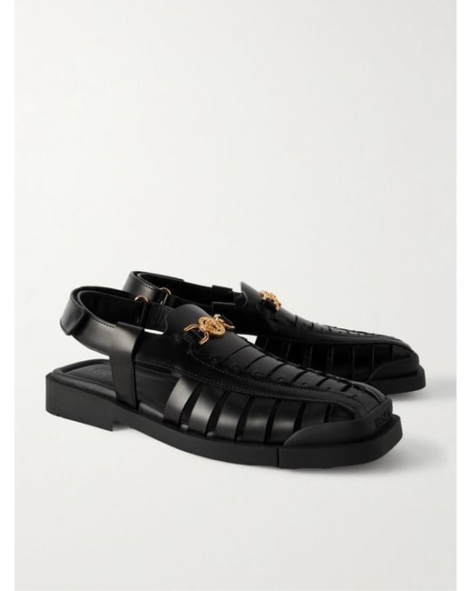 Versace Black Rubber-trimmed Embellished Leather Sandals for men