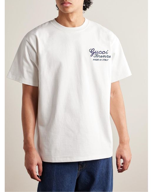 T-shirt In Jersey Di Cotone Con Ricamo di Gucci in White da Uomo