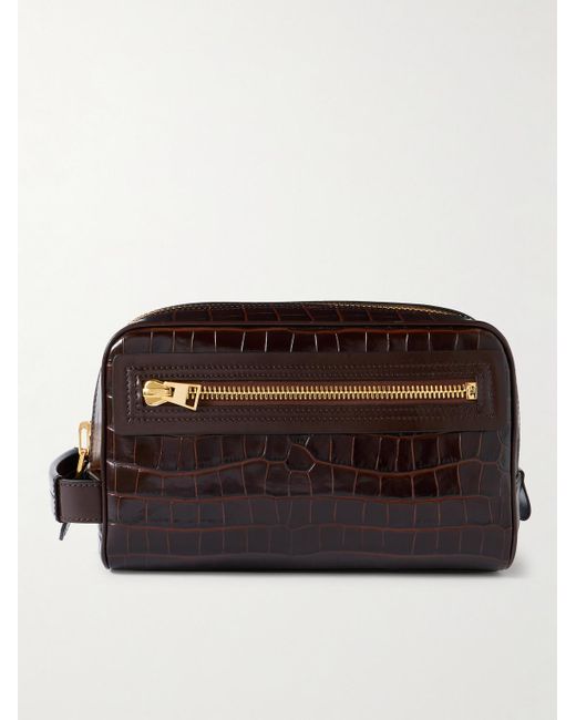Tom Ford Brown Croc-effect Leather Wash Bag for men