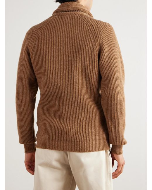 Drake's Brown Slim-fit Shawl-collar Ribbed Wool Cardigan for men