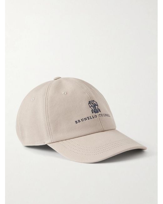 Brunello Cucinelli Natural Logo-Embroidered Leather-Trimmed Cotton-Twill Baseball Cap for men