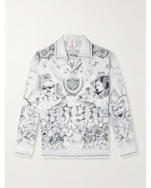 Casablanca Gray Tattoo Convertible-Collar Printed Silk-Satin Shirt for men