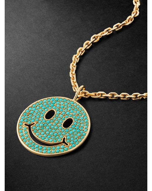 Sydney Evan Black Xl Happy Face Gold Turquoise Pendant Necklace for men