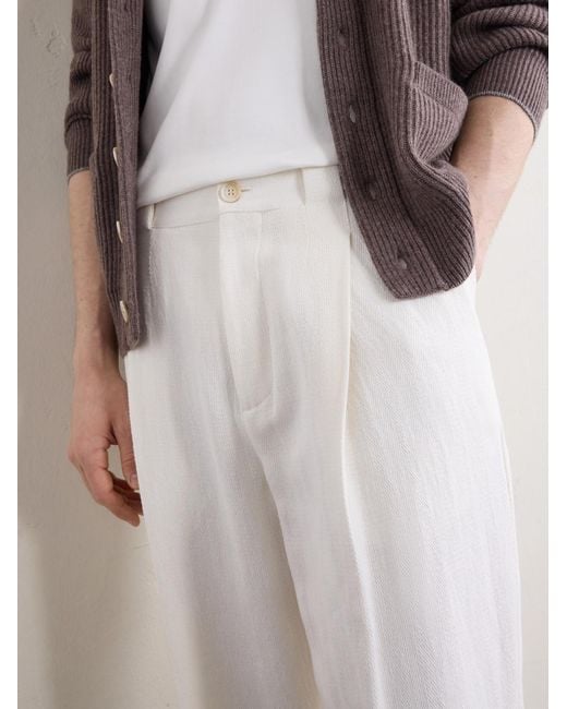 Brunello Cucinelli White Straight-Leg Pleated Herringbone Cotton And Linen-Blend Trousers for men