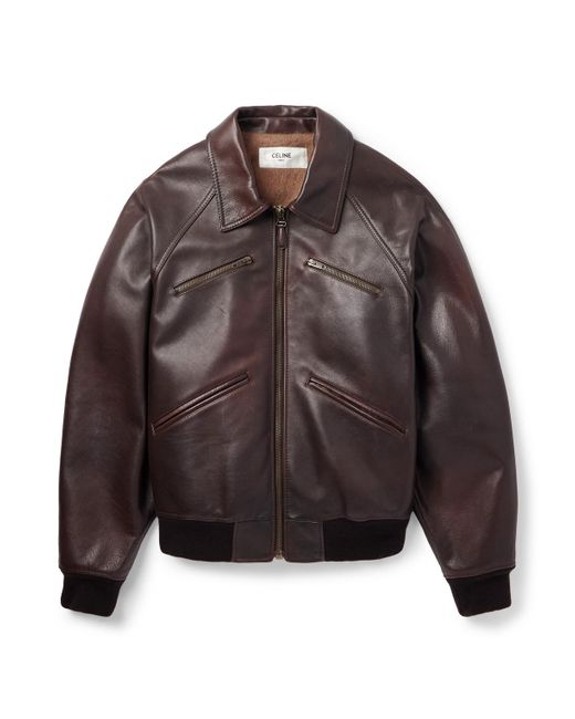 Céline Brown Leather Bomber Jacket for men