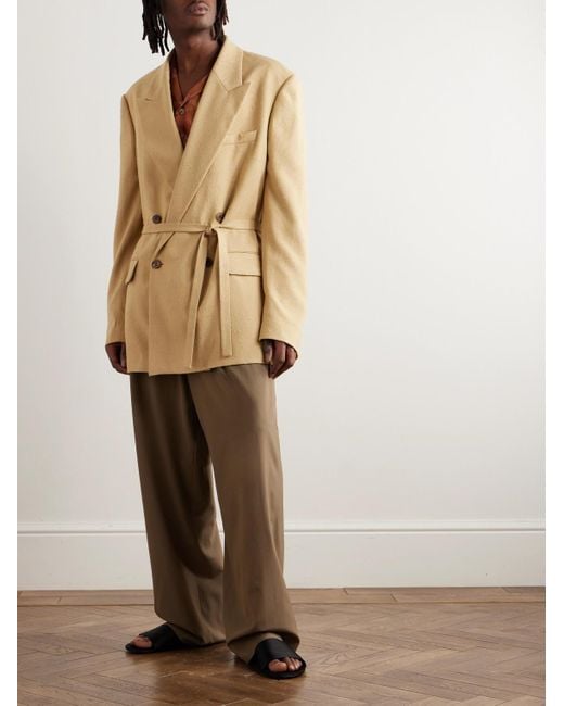 Dries Van Noten Natural Bishop Double-breasted Belted Distressed Cady Blazer for men