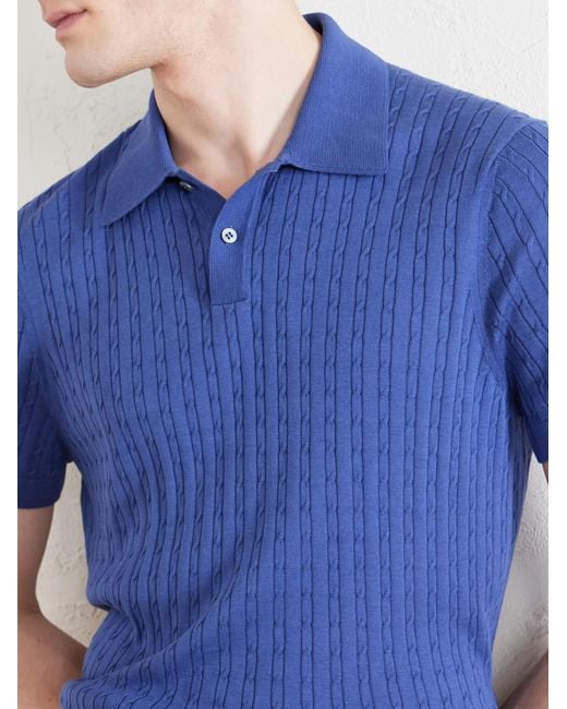 Dunhill Blue Cable-Knit Cotton And Mulberry Silk-Blend Polo Shirt for men