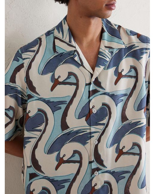 Paul Smith Blue Camp-Collar Printed Satin Shirt for men