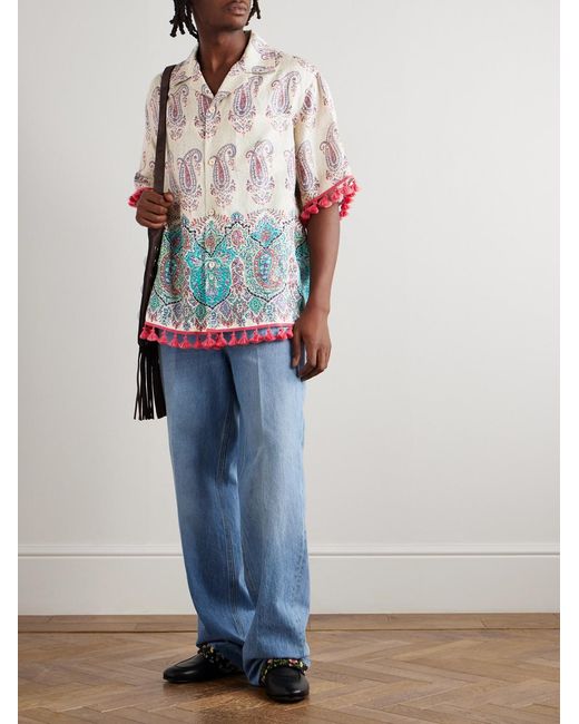 Valentino Garavani Gray Voyage Imaginaire Camp-Collar Tasseled Paisley-Print Linen Shirt for men