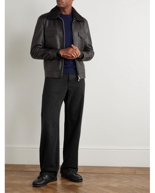 Shearling-Trimmed Leather Bomber Jacket di Eleventy in Black da Uomo