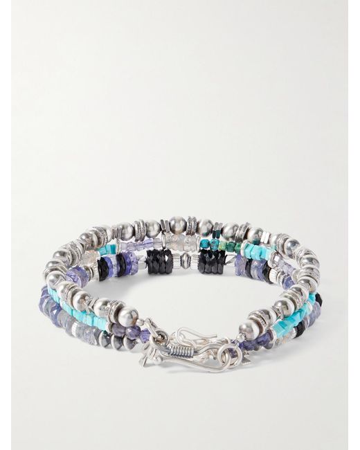 Peyote Bird Blue Set Of Three Sterling Silver Multi-stone Beaded Bracelets for men
