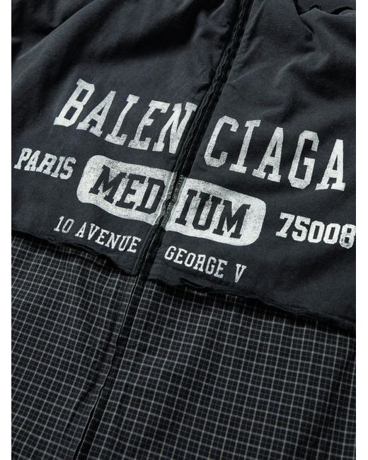 Balenciaga Black Distressed Logo-Print Checked Cotton-Twill And Jersey Hooded Jacket for men