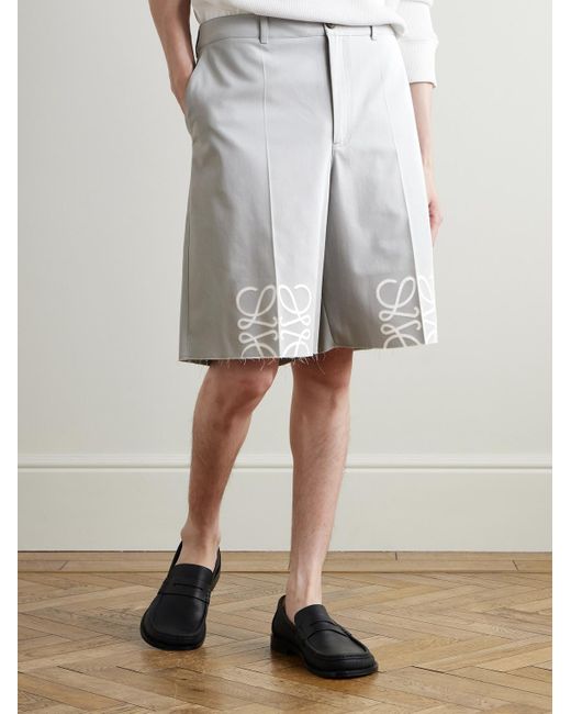 Loewe Gray Straight-Leg Logo-Print Distressed Cotton-Twill Shorts for men