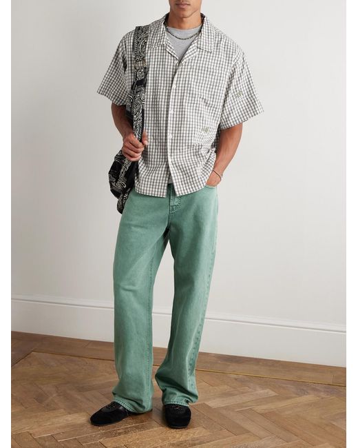 STORY mfg. Gray Camp-Collar Bead-Embellished Checked Organic Cotton Shirt for men