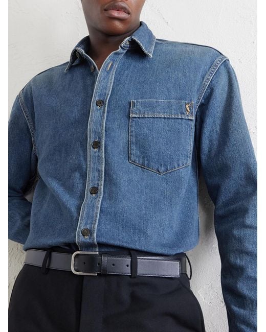 Saint Laurent Blue Logo-Embroidered Denim Shirt for men