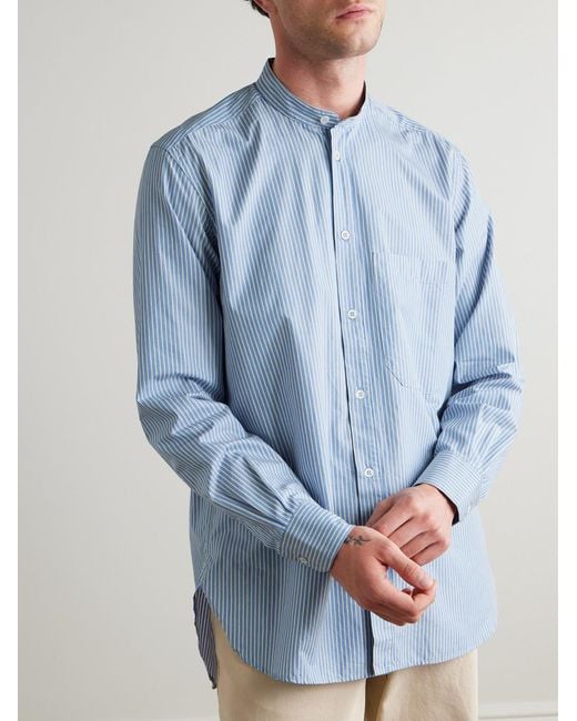 Barena Blue Grandad-Collar Striped Cotton-Poplin Shirt for men
