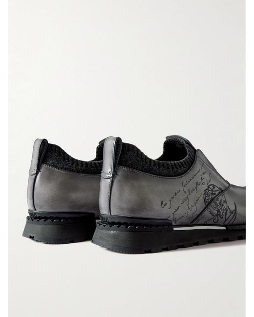 Berluti Black Scritto Cashmere-trimmed Venezia Leather Slip-on Sneakers for men