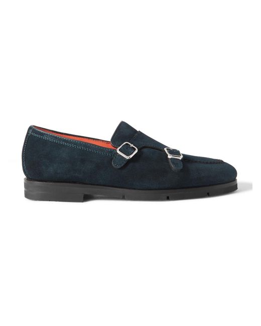 Santoni Blue Suede Monk-strap Shoes for men
