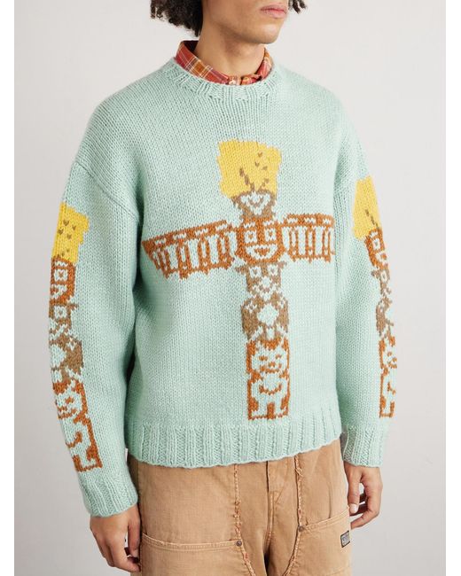 Kapital Blue Peckish Totem Pole Intarsia Wool Sweater for men