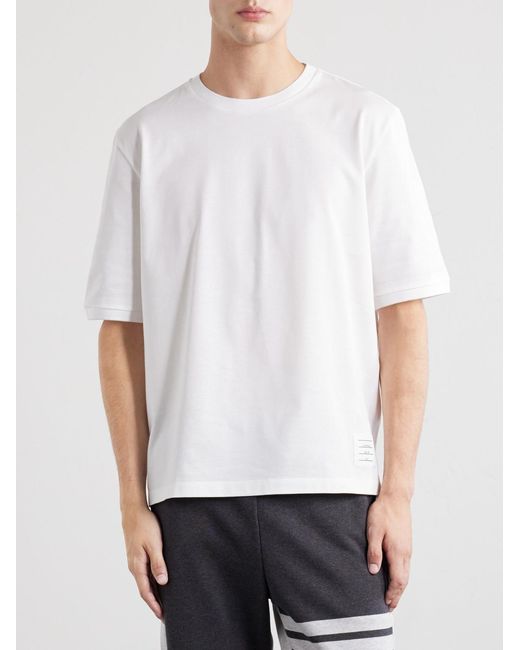 Thom Browne White Logo-appliquéd Striped Cotton-jersey T-shirt for men