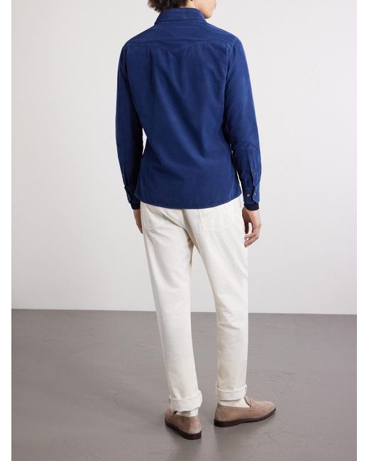 Brunello Cucinelli Blue Cutaway-Collar Cotton-Corduroy Western Shirt for men