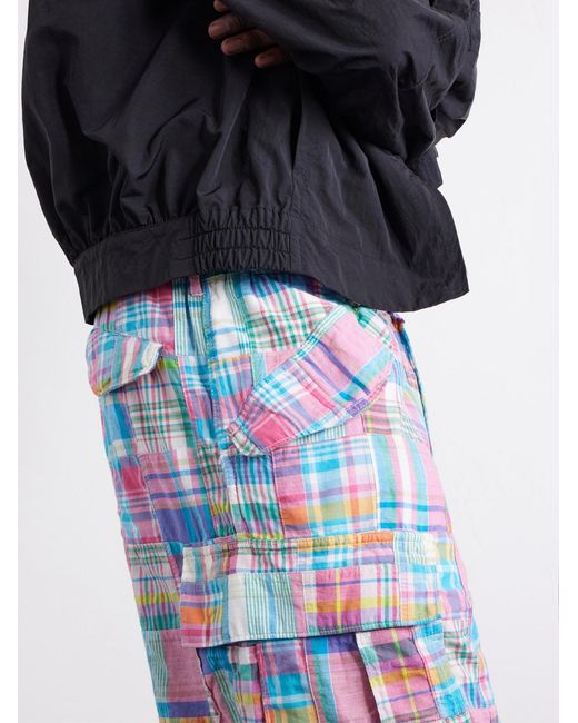 Beams Plus Blue Beach Straight-Leg Patchwork Checked Cotton Cargo Shorts for men