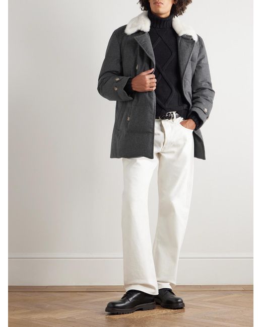 Brunello Cucinelli Black Double-breasted Shearling-trimmed Quilted Wool Down Jacket for men