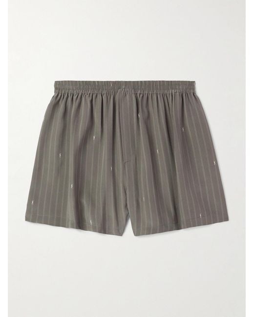 Saint Laurent Gray Straight-Leg Logo-Print Pinstriped Silk Shorts for men