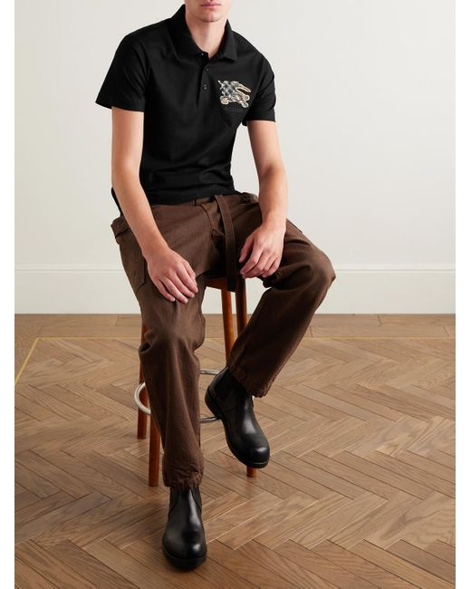Burberry Black Logo-Embroidered Appliquéd Cotton-Piqué Polo Shirt for men