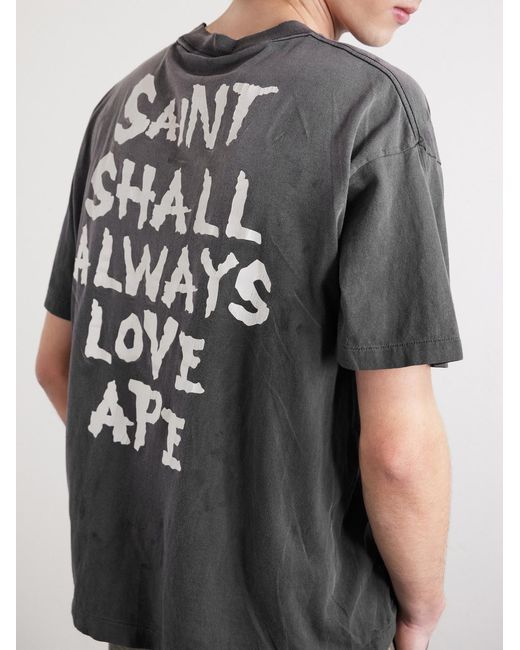 SAINT Mxxxxxx Gray Bape Distressed Printed Cotton-Jersey T-Shirt for men