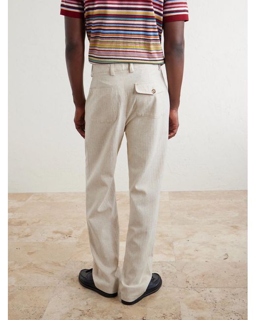Oliver Spencer White Morton Straight-Leg Pleated Cotton And Linen-Blend Trousers for men