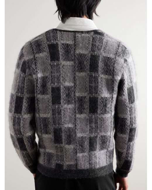 Beams Plus Gray Brushed Checked Jacquard Cardigan for men