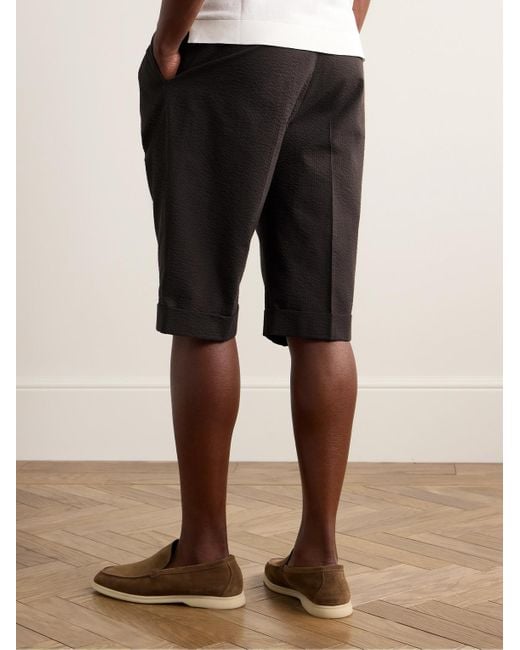Shorts slim-fit in misto cotone seersucker con pinces di De Petrillo in Black da Uomo