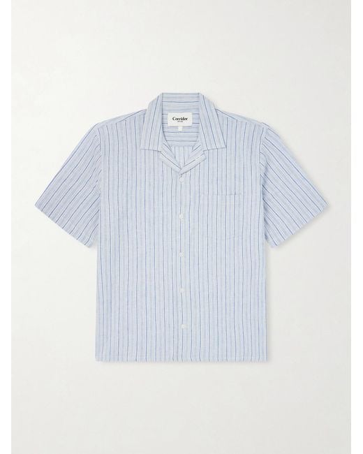 Corridor NYC Blue Convertible-Collar Striped Cotton And Linen-Blend Shirt for men