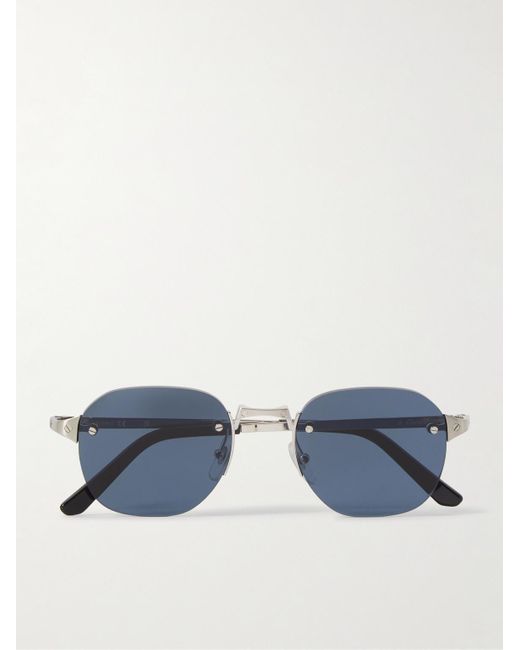Cartier Blue Santos De Cartier Rimless Oval-frame Silver-tone Sunglasses for men