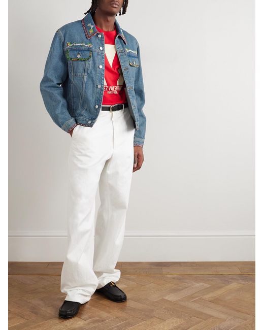 Valentino Garavani Blue Bead-Embellished Floral-Trimmed Denim Jacket for men
