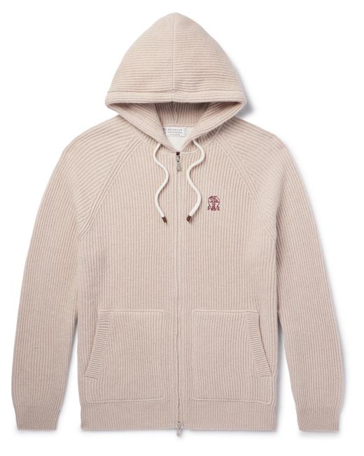 Brunello Cucinelli Natural Logo-embroidered Ribbed Cashmere Zip-up Hoodie for men