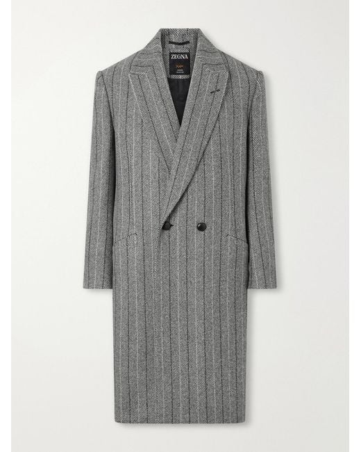Zegna Gray Trofeo Selection Double-Breasted Pinstriped Wool Coat for men